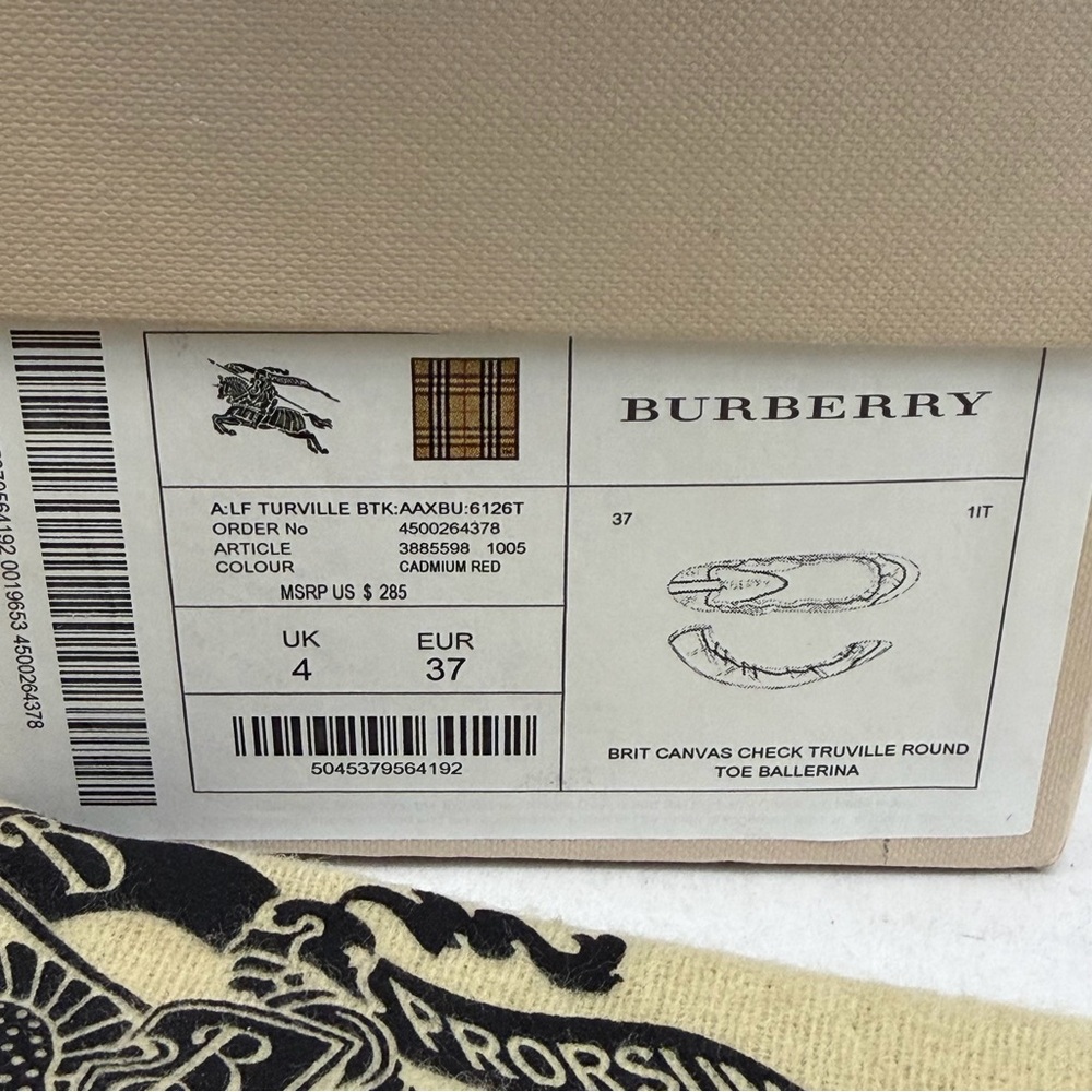 Burberry Canvas Check Truville Round Toe‎ Ballerina Flats Cadmium Red 37 US 7 - Picture 2 of 7